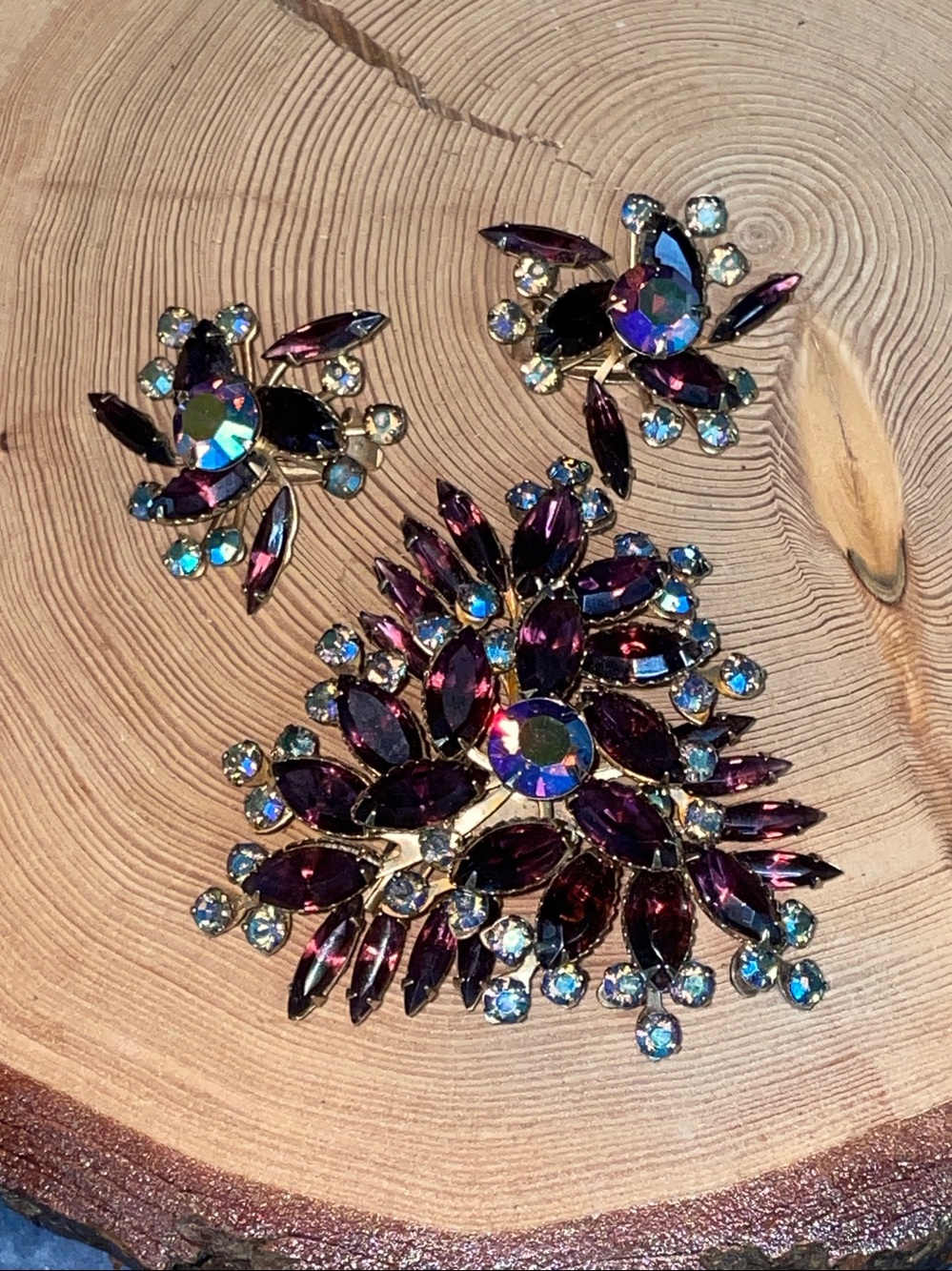 Vtg Beau Jewels Purple AB Rhinestone Brooch Earring Set